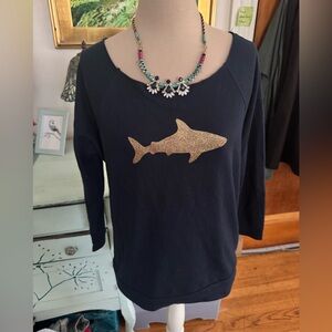 Next Level Boatneck Dark Blue Tee Shirt with Gold Glitter Shark M Artisan Made
